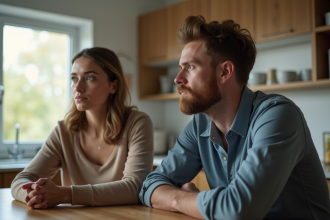 Couple pensif dans une cuisine lumineuse