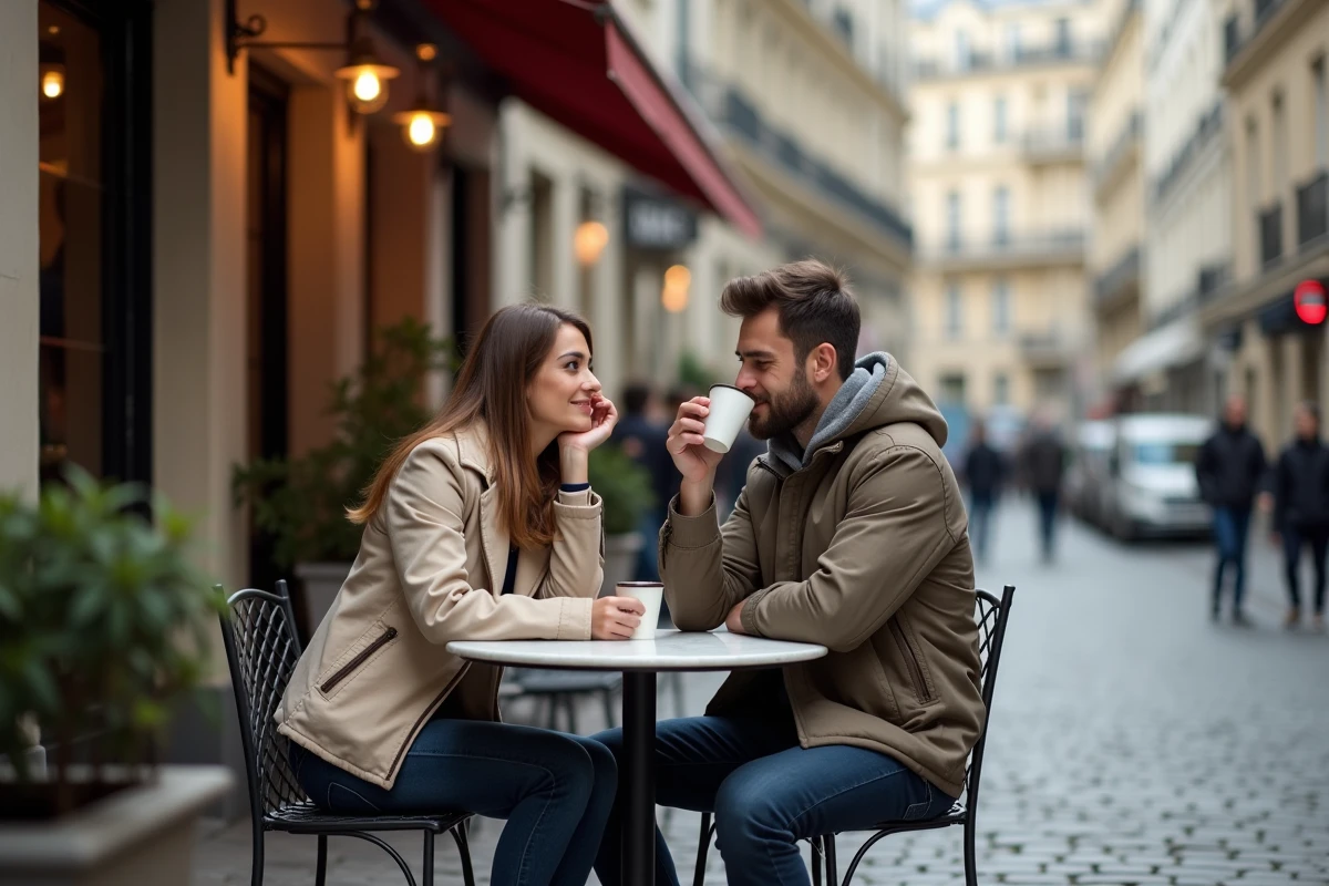 Couple assis en terrasse parisienne, la femme au premier plan tandis que son compagnon reste discret et effacé dans l'ombre de la scène