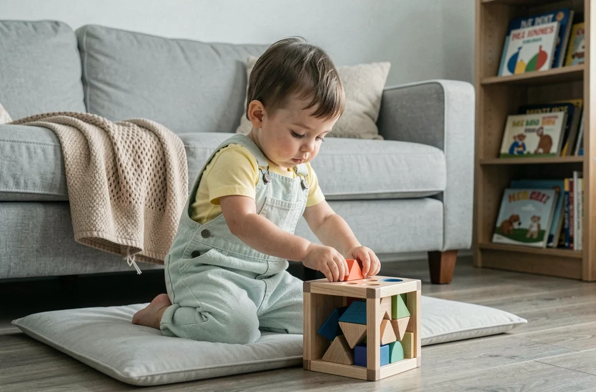 Enfant de 2 ans jouant avec un cube de tri de formes en bois pour stimuler la motricité fine