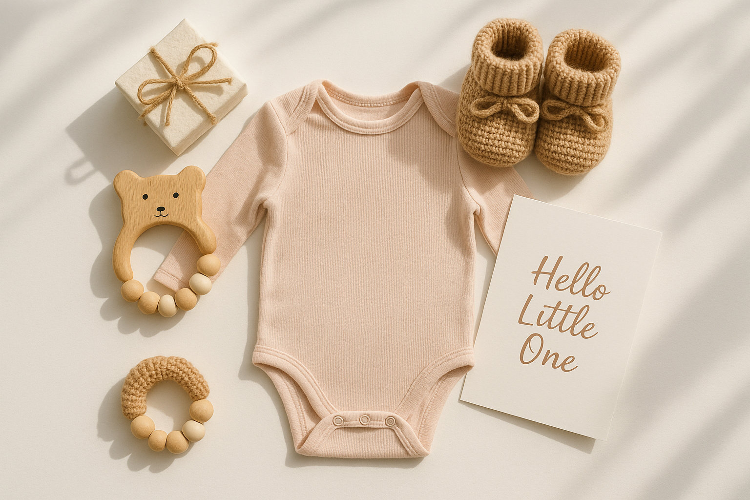 Disposition de cadeaux pour bebe avec tétine en bois et chaussons en laine