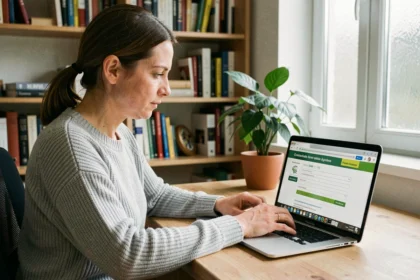 Femme utilisant un ordinateur portable pour effectuer des démarches en ligne sur le site de la CAF et Pôle emploi depuis son bureau à domicile