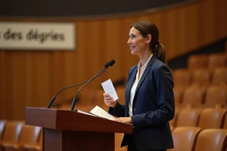 Mère prononçant un discours émouvant lors d'une cérémonie scolaire en tenant des notes manuscrites avec des citations sur l'enfance