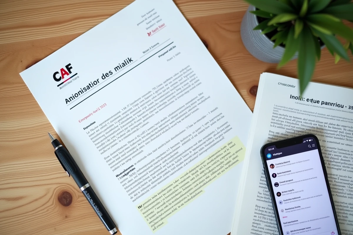 Gros plan sur un bureau avec une lettre CAF, un article imprimé et un smartphone affichant des rumeurs sur une prime de dénonciation inexistante