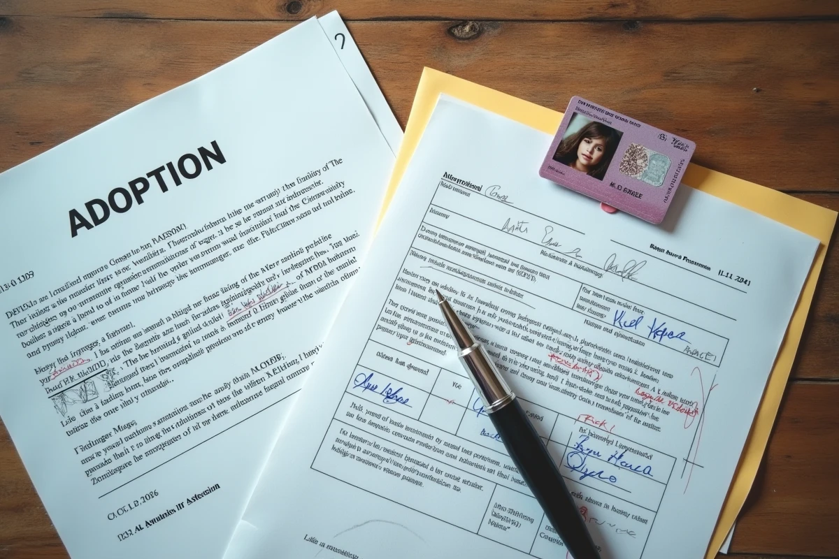 Documents officiels d'adoption internationale éparpillés sur une table, illustrant les démarches juridiques des familles victimes d'une agence d'adoption fermée