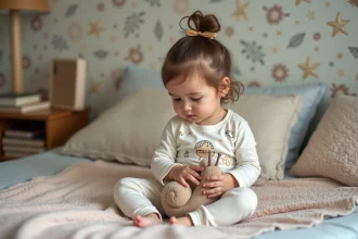 Enfant en pyjamas avec escargot jouet dans chambre calme