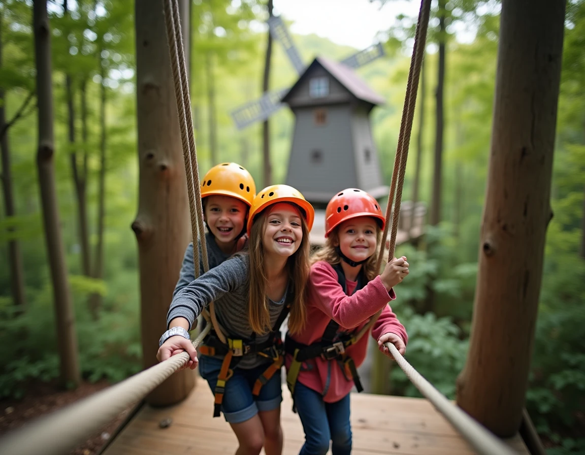 Famille en tyrolienne dans les arbres de l'Ecopark Adventures du Moulin de Sannois avec le moulin visible en arrière-plan