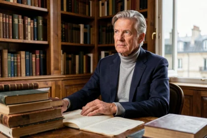 Portrait d'un éditeur littéraire français distingué dans son bureau parisien entouré de livres