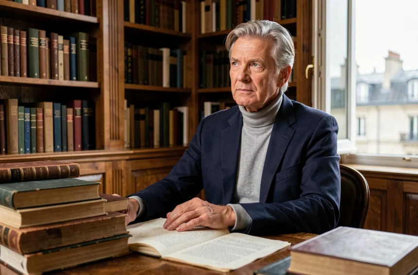 Portrait d'un éditeur littéraire français distingué dans son bureau parisien entouré de livres