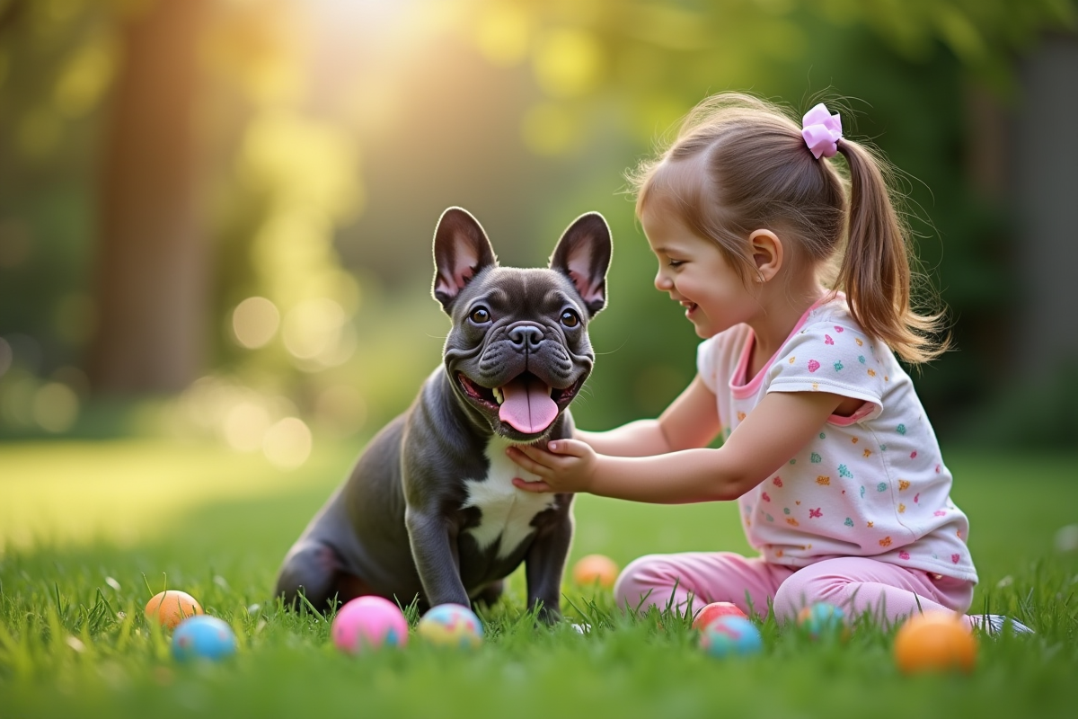 Jeune fille entraînant un bouledogue français dans le jardin