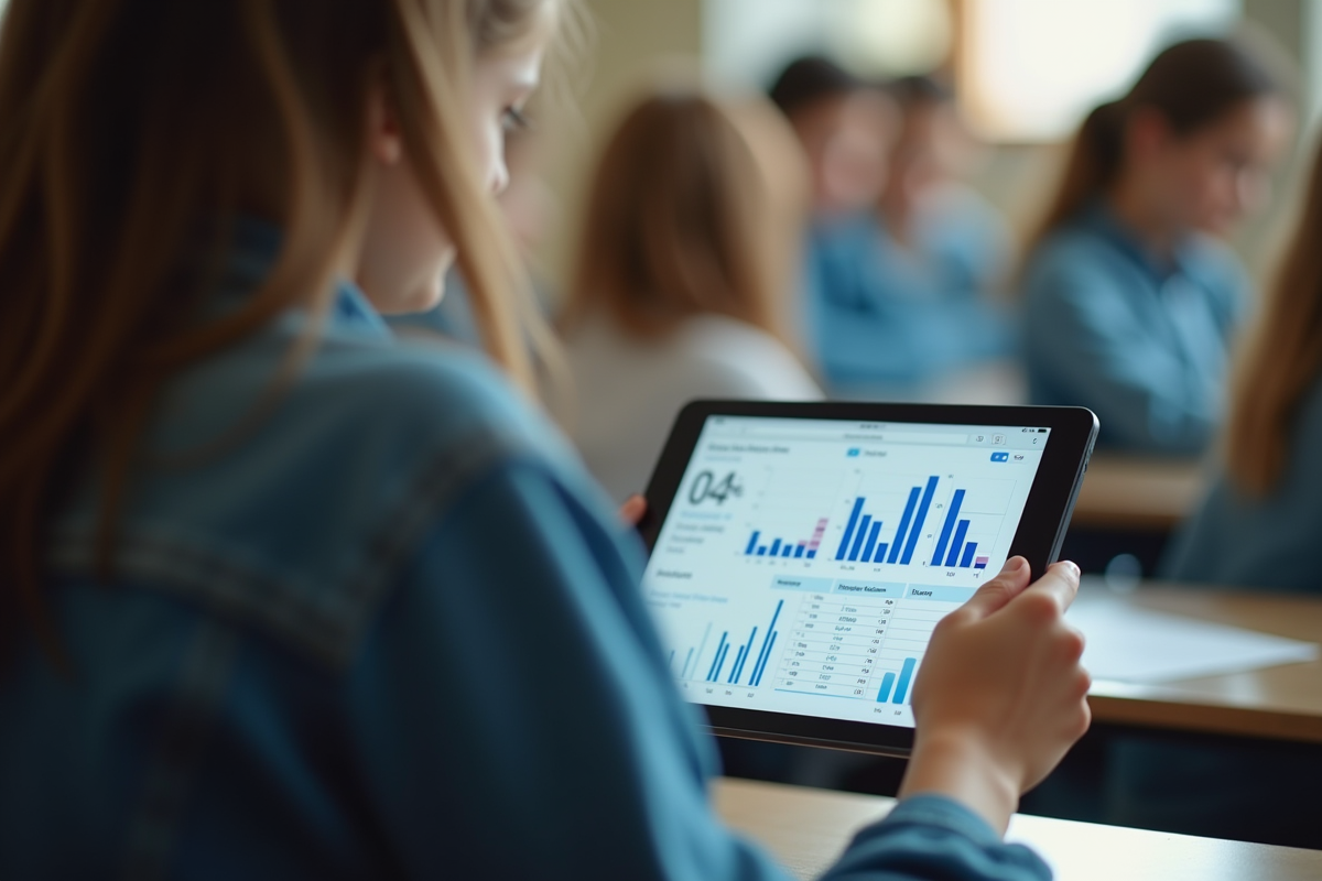 Étudiant vérifiant ses notes sur une tablette en classe