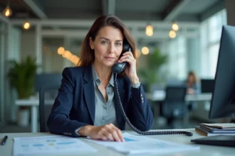 Employée SNCF en bureau administratif téléphonant à l'agence paie et famille pour une demande RH