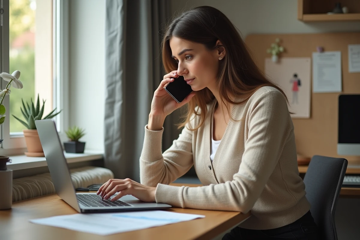 Employée SNCF en télétravail appelant l'agence paie et famille depuis son domicile pour une question administrative