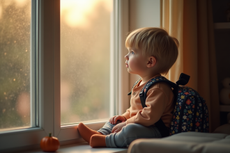 Jeune enfant assis près d'une fenêtre regardant dehors