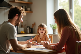 Enfant et parents discutant chaleureusement à la maison