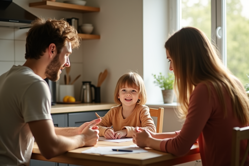 Enfant et parents discutant chaleureusement à la maison