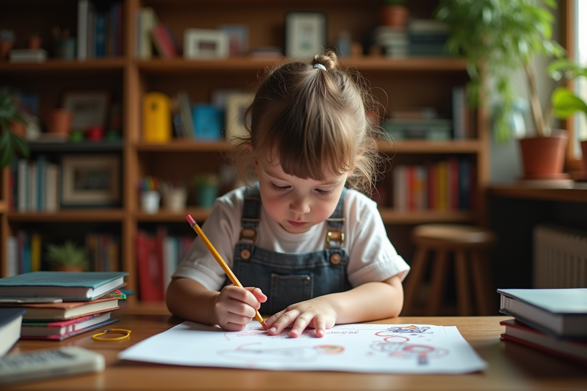 Enfant concentré dessinant sur un bureau en bois