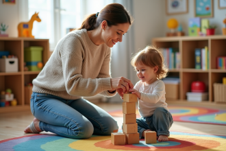 Femme aidant un enfant à empiler des blocs en classe