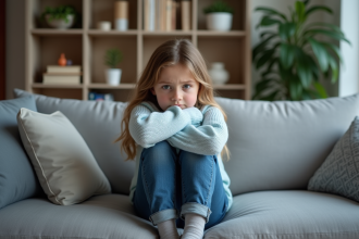 Fille de 8 ans inquiète assise sur un canapé gris à la maison