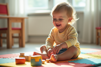 Enfant de 3 ans jouant avec des jouets éducatifs colorés