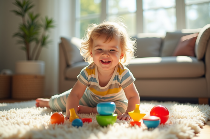 Enfant souriant jouant avec des jouets éducatifs colorés