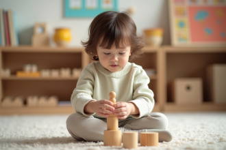 Petite fille concentrée avec cylindres en bois en classe Montessori