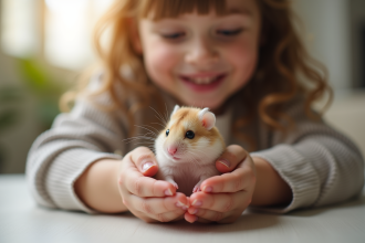 Enfant souriant tenant un hamster russe dans les mains