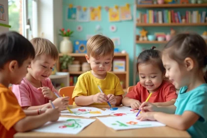 Groupe de tout-petits créant des fleurs pour la fête des mères