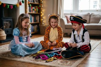 Groupe d'enfants en costumes de carnaval dans un salon chaleureux