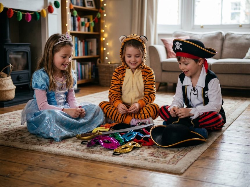 Groupe d'enfants en costumes de carnaval dans un salon chaleureux