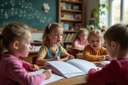 Groupe d enfants chantant dans une classe scolaire