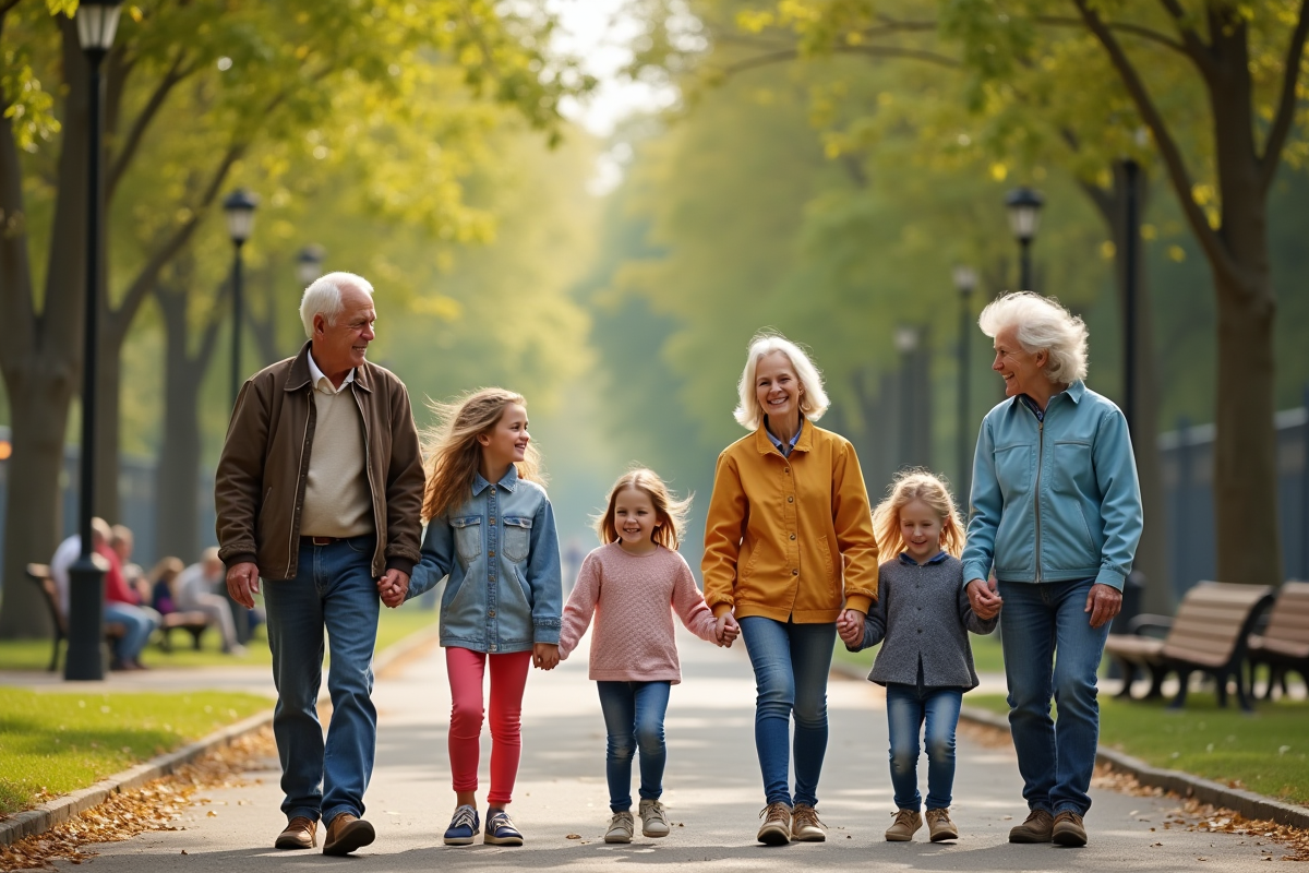 Enfants et personnes âgées main dans la main dans un parc