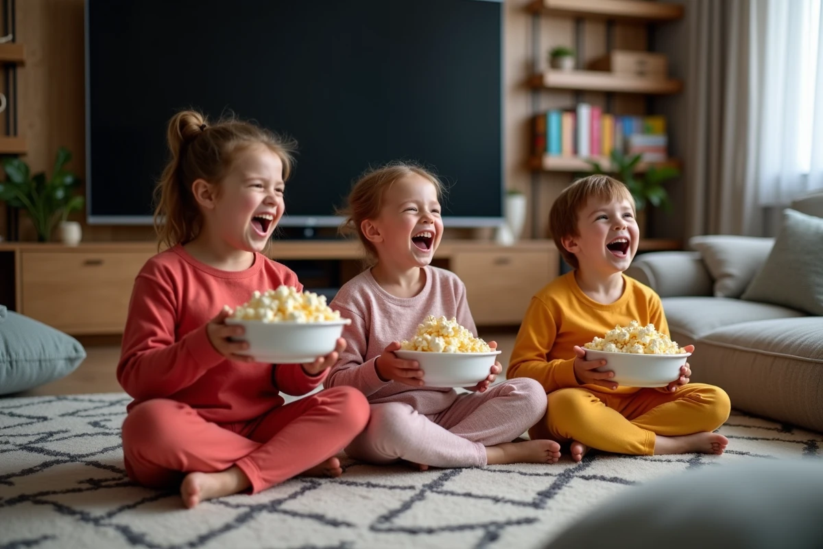 Trois enfants riant en regardant la télévision