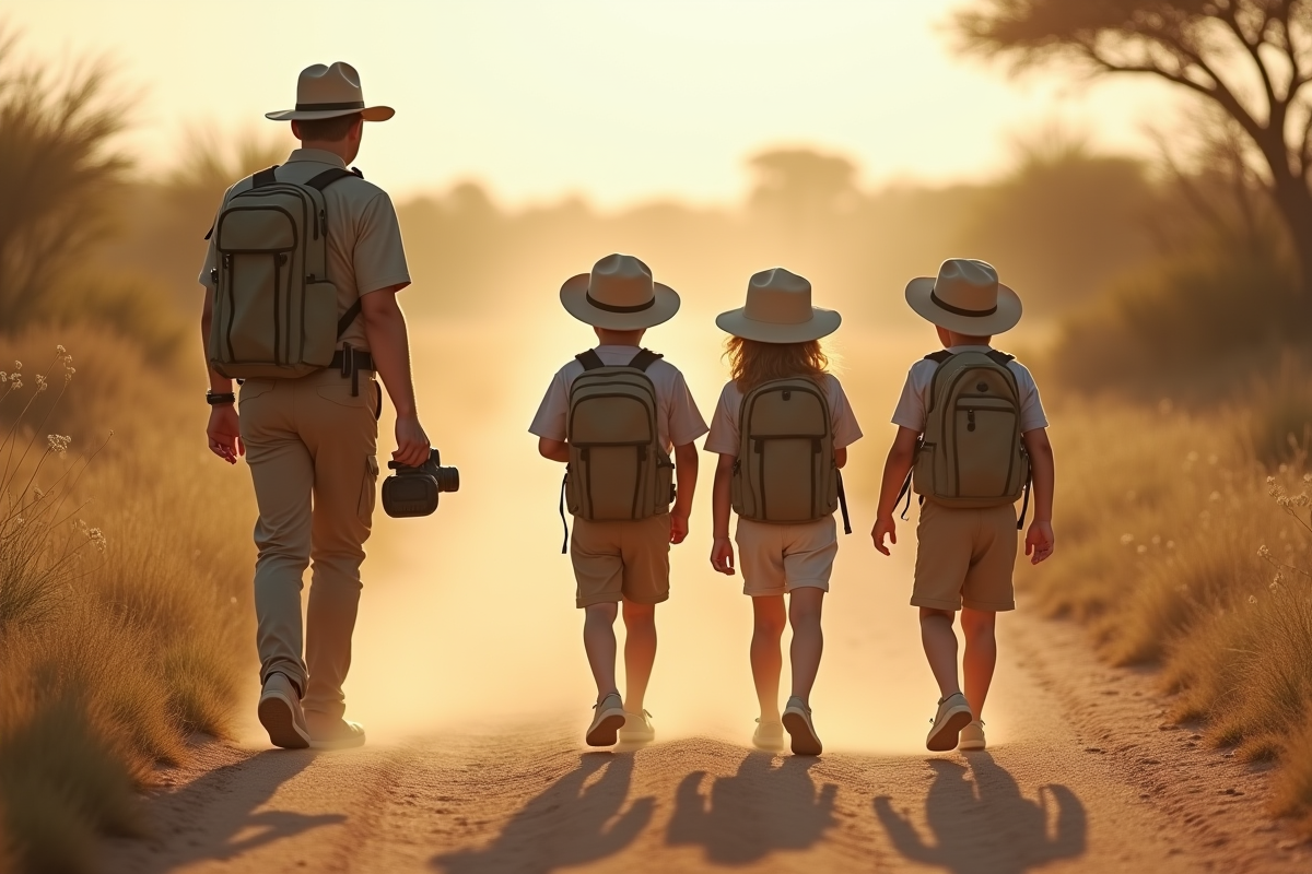 Enfants avec jumelles et guide dans la savane africaine