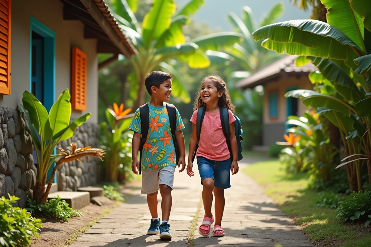 Enfants réunionnais profitant des vacances scolaires dans un jardin tropical créole à La Réunion