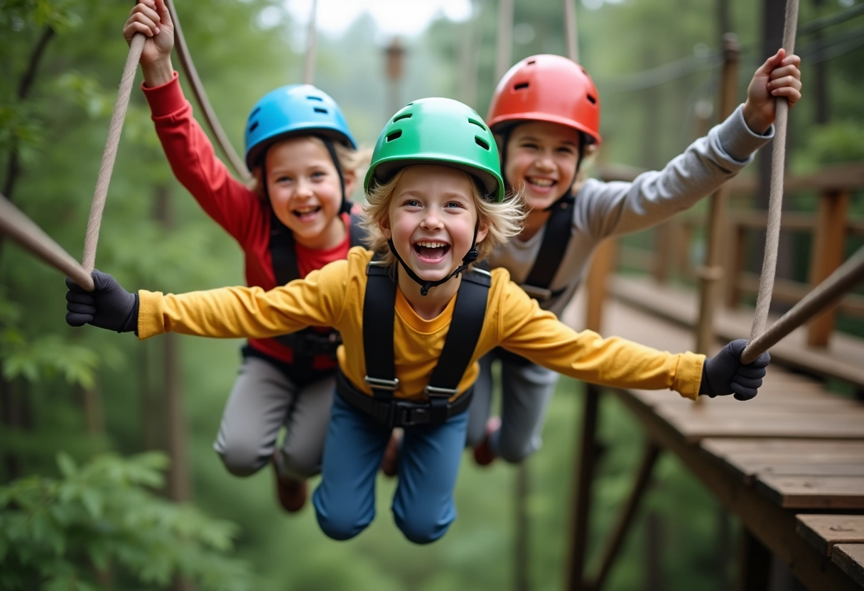 Enfants riant sur une tyrolienne en forêt