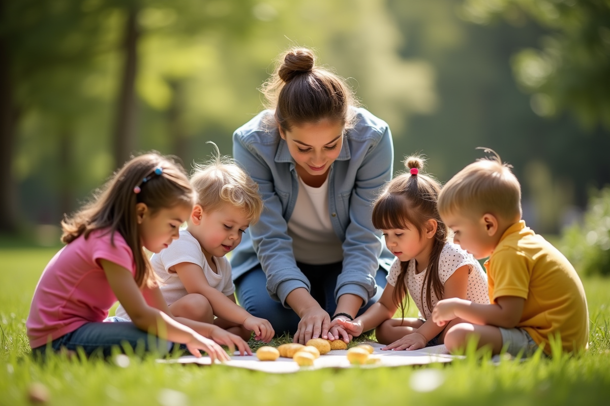 Enseignant guidant des enfants en plein air dans la nature