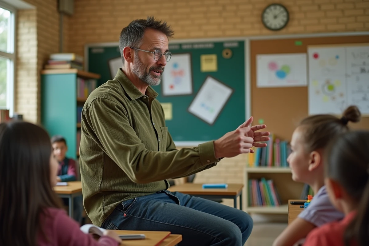 Enseignant passionné partageant des citations sur l'enfance avec ses élèves dans une salle de classe chaleureuse et colorée