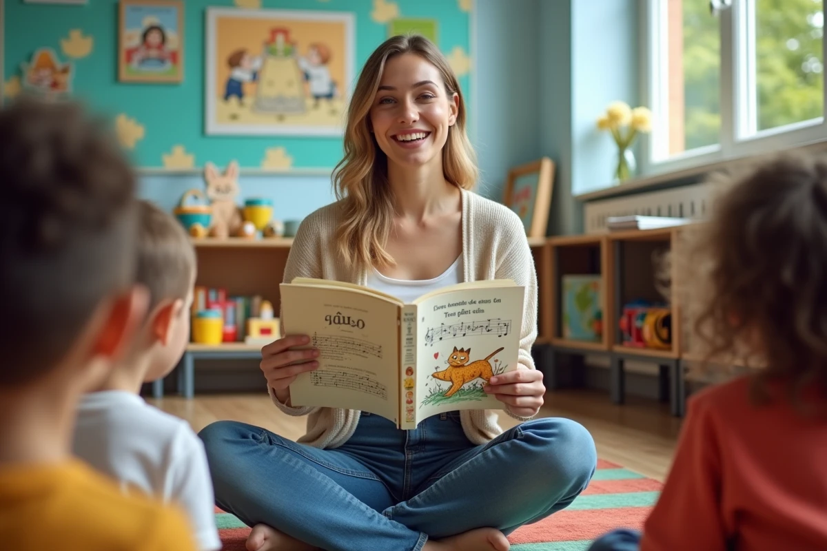Jeune enseignante avec livre de chansons dans la classe