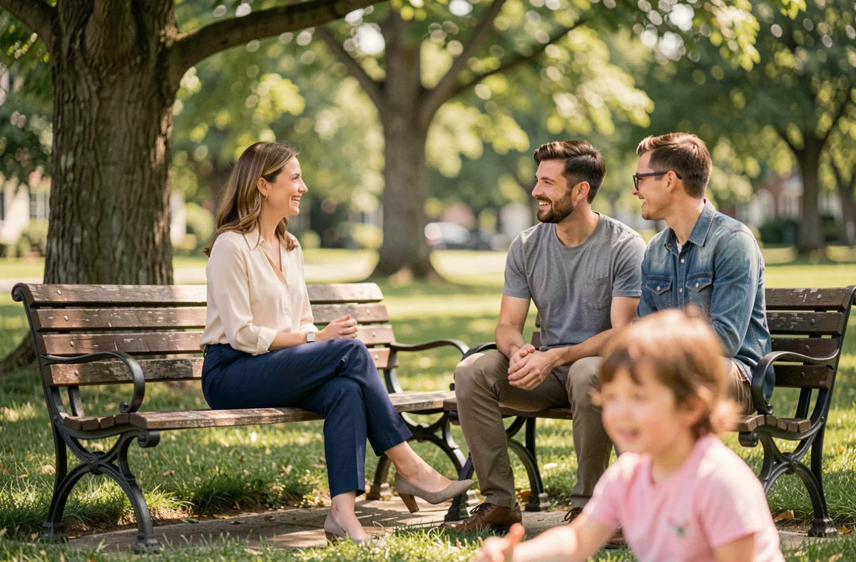Entretien entre parents et candidate nounou dans un parc pour trouver une garde d'enfants de confiance