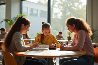 Trois étudiants divers travaillant dans une salle moderne