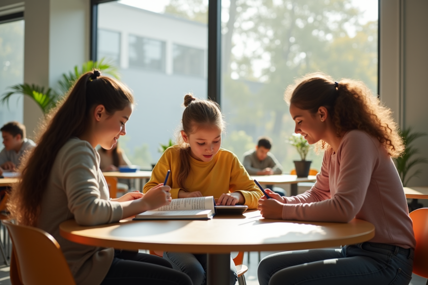 Trois étudiants divers travaillant dans une salle moderne