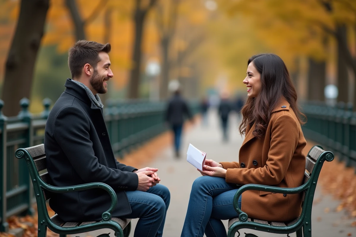 Ex-partenaires échangeant un message d'anniversaire cordial et sans ambiguïté sur un banc de parc en automne