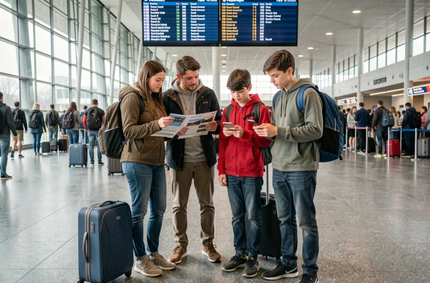 Famille avec bagages dans un aéroport britannique consultant les horaires de vol pendant les vacances scolaires 2026