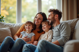 Famille heureuse célébrant anniversaire sur un canapé