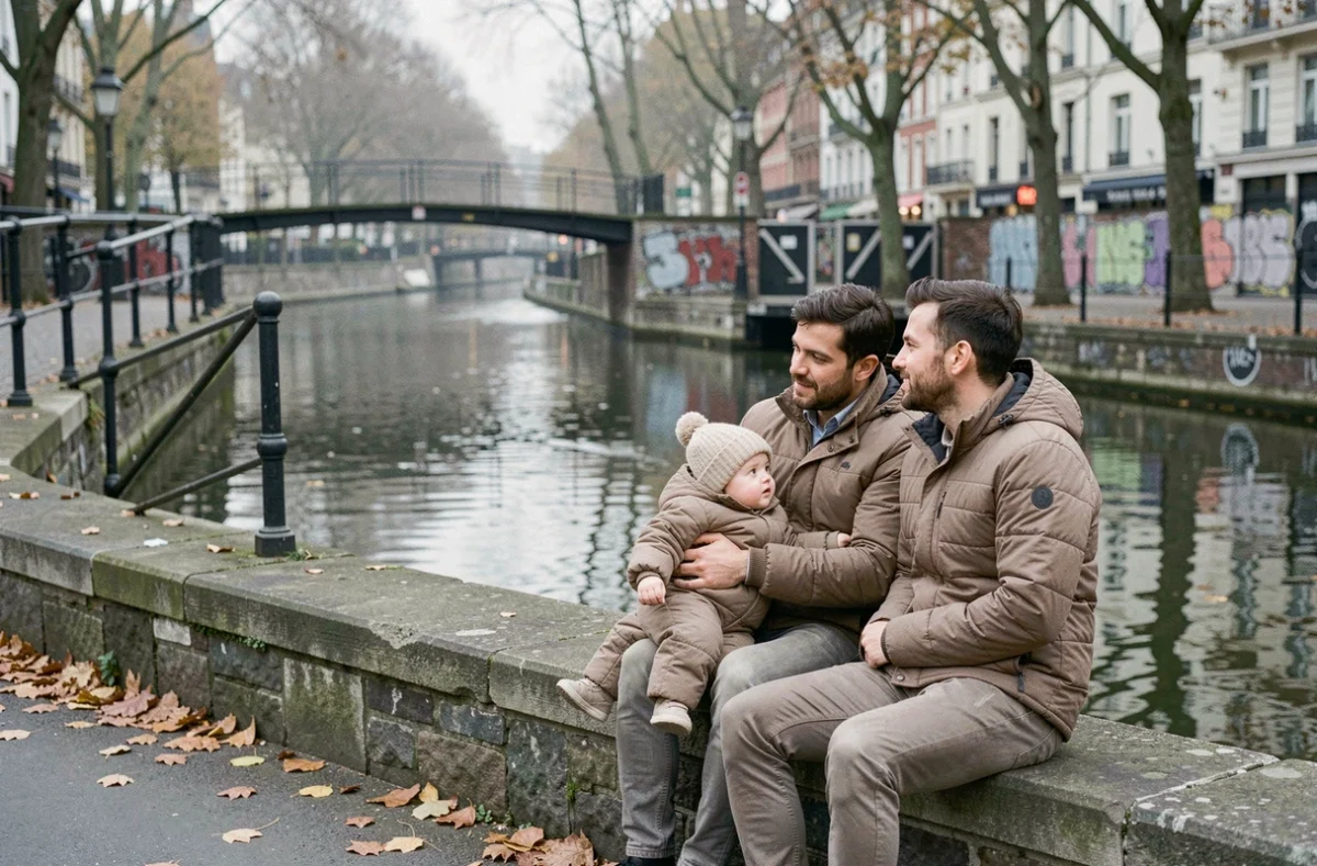 Famille avec bébé d'un an au bord du Canal Saint-Martin à Paris lors d'une sortie tranquille