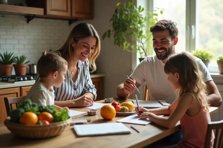 Famille rassemblée autour d'une table de cuisine avec légumes frais et cahier de budget, illustrant les économies familiales au quotidien