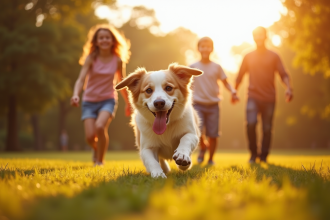 Famille heureuse jouant avec leur chien dans un parc ensoleille