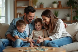 Famille heureuse jouant à un jeu de société dans le salon