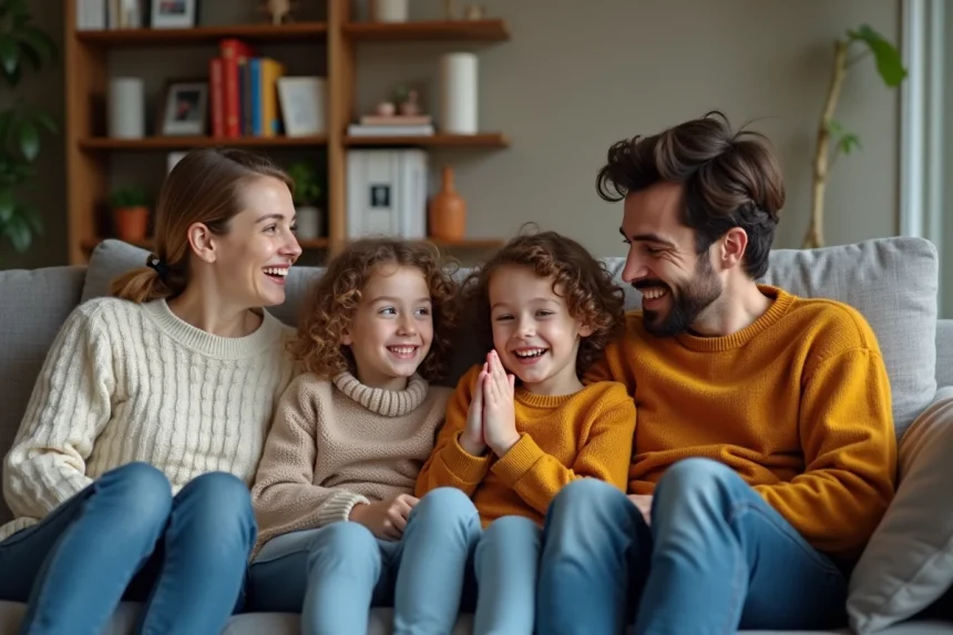 Famille de quatre dans un salon chaleureux et moderne