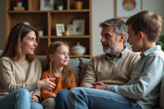 Famille réunie dans un salon chaleureux pour discuter